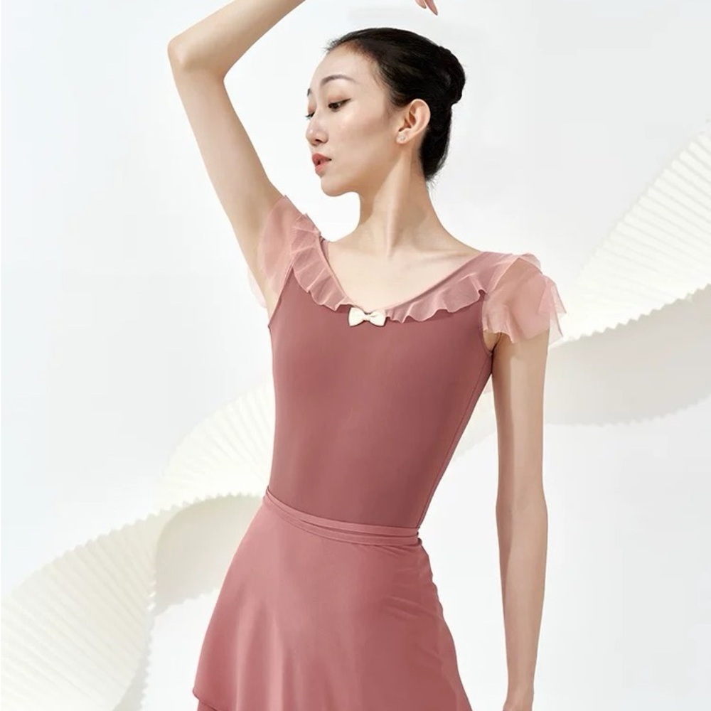 Elegant Pink Ballet leotard with Ruffle Sleeves, and skirt